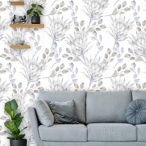 Removable Peel 'n Stick Wallpaper, Self-Adhesive Wall Mural, Watercolor Floral Pattern, Nursery Decor Custom Colors • African Eucalyptus