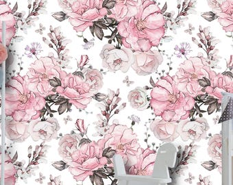 Abnehmbare Peel 'n Stick-Tapete, selbstklebendes Akzent-Wandbild, Aquarell-Blumenmuster, Kinderzimmer-Dekor für Babyzimmer • Pastellrosen