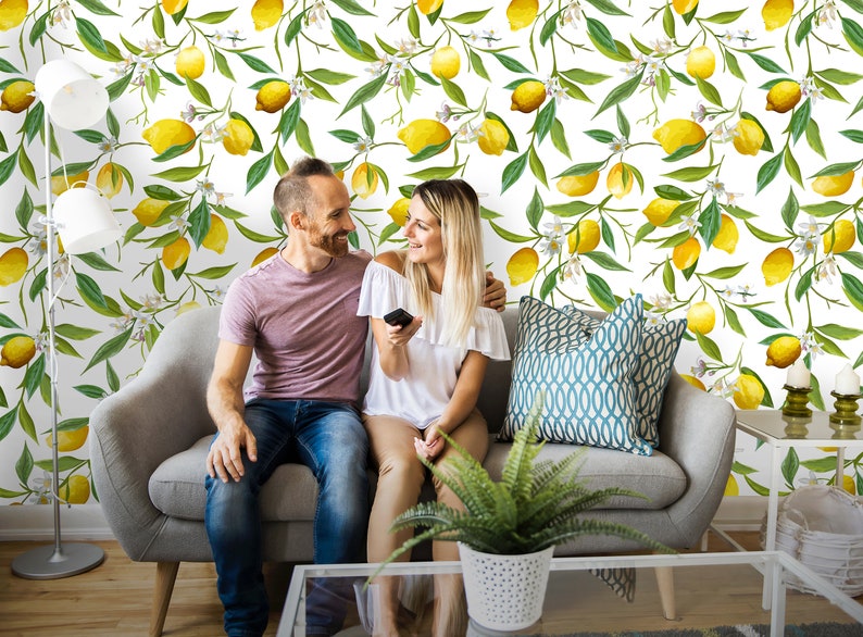 Lemon Wallpaper Removable Wallpaper Peel and Stick Floral Wallpaper Pattern Tropical Wallpaper