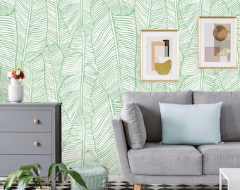 Banana Leaf Peel and Stick Wallpaper | Removable Tropical Banana Leaves Wallpaper | Self Adhesive Green Palm Mural | Modern Tropical Outline