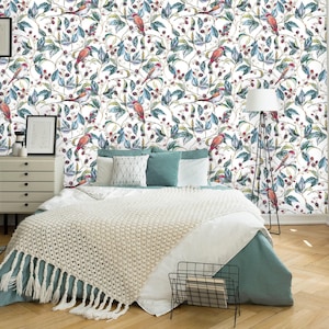 Papel de parede removível | Papel de parede tropical removível | Papel de parede floral autoadesivo | Papel de parede com pássaros