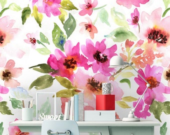 Removable Peel 'n Stick Wallpaper, Self-Adhesive Wall Mural, Watercolor Floral Pattern, Nursery Baby’s Room Decor • Meadow Flowers