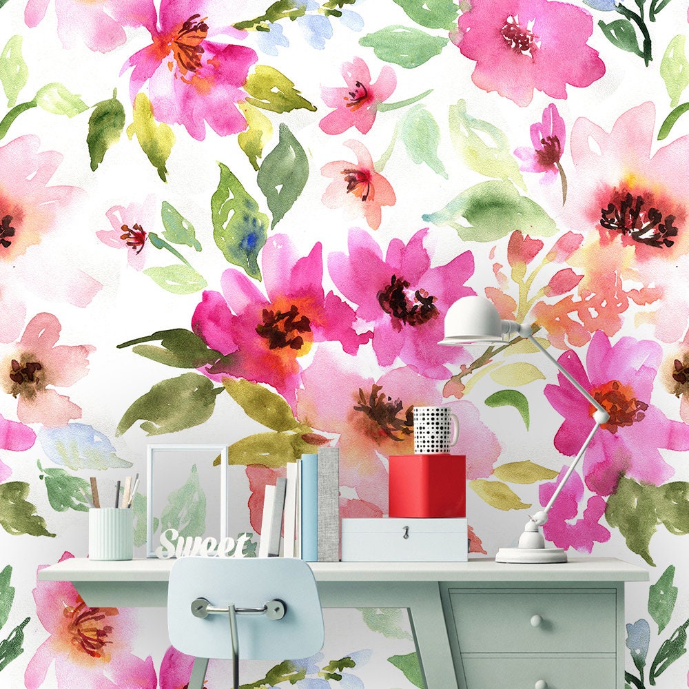 Removable Peel 'n Stick Wallpaper, Self-Adhesive Wall Mural, Watercolor Floral Pattern, Nursery Baby’s Room Decor • Meadow Flowers