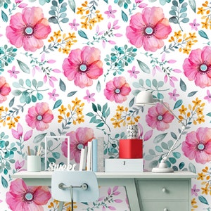 Removable Peel &#39;n Stick Wallpaper, Self-Adhesive Wall Mural, Watercolor Pink Floral Pattern, Nursery Room Decor • Spring Flowers and Leaves