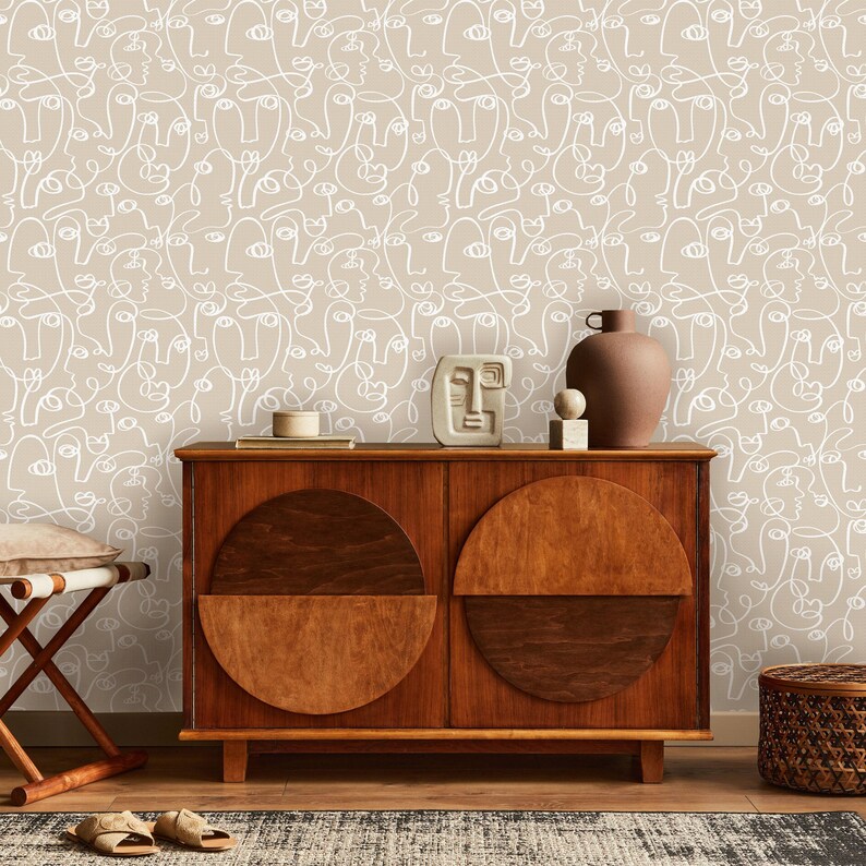 Abstract Faces Peel and Stick Wallpaper | Minimalist Lines Removable Mural | Self Adhesive or Pre-Pasted Wallpaper | Eco Friendly image 2