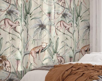 Behang oerwouddieren | Verwijderbare Peel & Stick tropische muurschildering | Safaridieren zelfklevend of voorgelijmd behang voor kinderen | Milieuvriendelijk