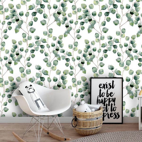 Removable Peel 'n Stick Wallpaper, Self-Adhesive Wall Mural, Watercolor Floral Green Pattern, Nursery, Room Decor • Eucalyptus Round Leaves