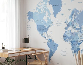 Blue Large World Map Wallpaper | Peel and Stick Removable Self Adhesive World Map Wall Mural | Self Adhesive or Pre-Pasted Wallpaper | Eco