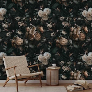 Vintage Floral Wallpaper | Removable Self Adhesive Dark Floral Mural | Peonies and Birds Peel and Stick or PrePasted Wall Decor Eco Friendly