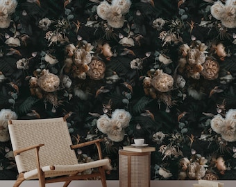 Vintage Floral Wallpaper | Removable Self Adhesive Dark Floral Mural | Peonies and Birds Peel and Stick or PrePasted Wall Decor Eco Friendly