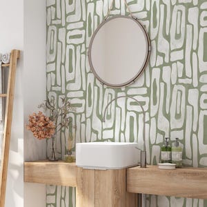 Pistachio Abstract Shapes Wallpaper | Contemporary Removable Self Adhesive Funky Wallpaper | Geometrical Minimalist Wall Decor | Mid Century image 3