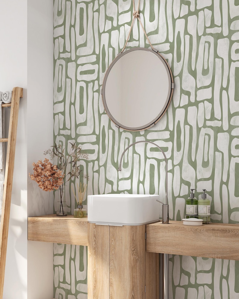 Pistachio Abstract Shapes Wallpaper | Contemporary Removable Self Adhesive Funky Wallpaper | Geometrical Minimalist Wall Decor | Mid Century image 3