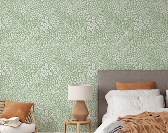 Green Branches Floral Wallpaper | Removable Self Adhesive Botanical Wallpaper | Herbs Peel and Stick or Pre-Pasted Wallpaper | Eco Friendly