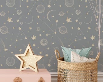 Behang sterren en planeten | Verwijderbaar zelfklevend ruimtebehang | Grijs kinderkamerinterieur | Milieuvriendelijke peel-and-stick muurdecoratie