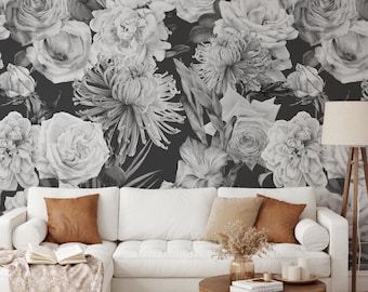 Black and White Roses Wallpaper | Removable Self Adhesive Watercolor Wallpaper | Floral Peel and Stick or Pre-Pasted Wallpaper