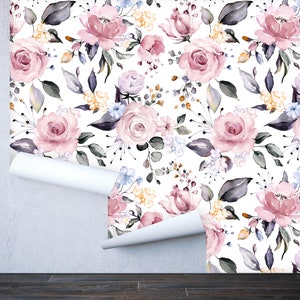 Removable Peel &#39;n Stick Wallpaper, Self-Adhesive Wall Mural, Watercolor Floral Pattern, Nursery Baby’s Room Decor • Pink Roses