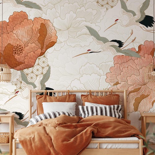 Papel pintado de grulla japonesa / Papel pintado floral autoadhesivo removible / Papel pintado vintage despegable y pegable o preencolado
