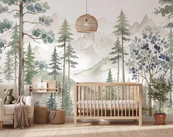 Watercolor Forest Wallpaper Mural, Mountain Nursery Wallpaper, Woodland with Pine Tree Wall Decor - Peel and Stick, Pre-Pasted, Traditional