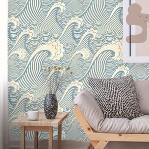 Removable Wallpaper | Peel and Stick Great Wave Pattern | Vintage Retro Self Adhesive Wall Mural