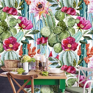 Removable Peel 'n Stick Wallpaper, Self-Adhesive Wall Mural, Watercolor Tropical Pattern, Nursery Decor Tropical Flowers, Roses and Cactus image 2