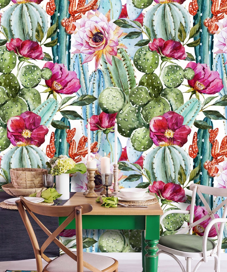 Removable Peel 'n Stick Wallpaper, Self-Adhesive Wall Mural, Watercolor Tropical Pattern, Nursery Decor Tropical Flowers, Roses and Cactus image 2