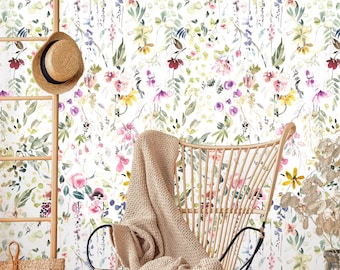 Garten Aquarell Tapete zum Abziehen und Aufkleben | Abnehmbare Blumentapete Selbstklebendes Wandbild | Handgemalte Tapete
