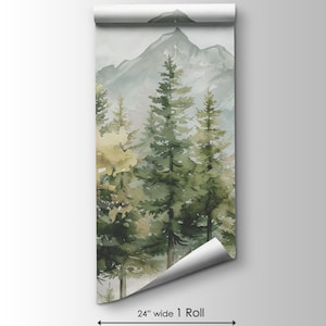 May include: A roll of wallpaper featuring a watercolor painting of a mountain landscape with evergreen trees. The text "COLORITTO" is at the top. The roll is 24 inches wide.