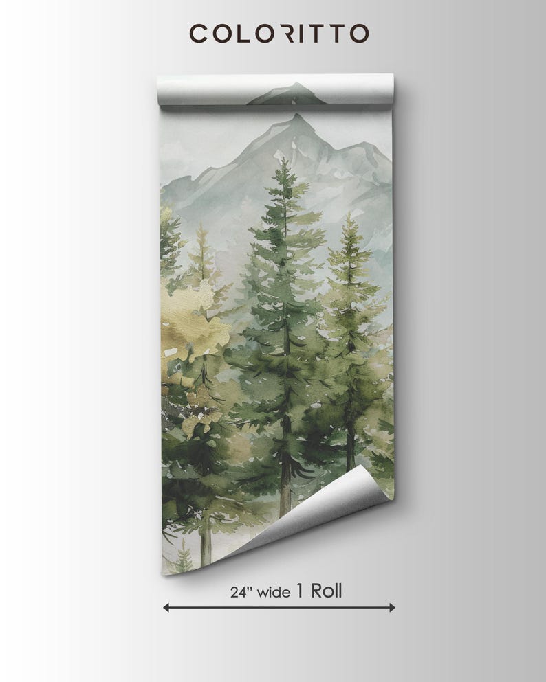 May include: A roll of wallpaper featuring a watercolor painting of a mountain landscape with evergreen trees. The text "COLORITTO" is at the top. The roll is 24 inches wide.