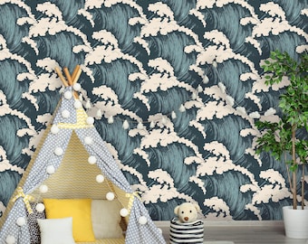 Självhäftande tapet med vintagevågor | Avtagbar tapet med naturdesign | Självhäftande fototapet med Great Wave | Barnrumsvägg med blå vågor