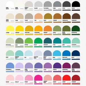 The image is a color palette that provides a variety of color options for users to choose from. It includes a range of colors, such as pure white, black, silver, gold, and various shades of green, blue, and purple. The palette is designed to be used in different settings, allowing for customization based on individual preferences and design requirements.