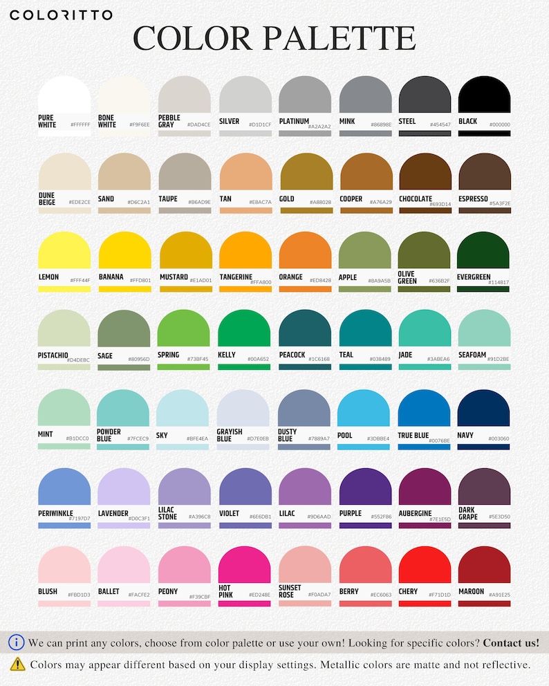 The image is a color palette that provides a variety of color options for users to choose from. It includes a range of colors, such as pure white, black, silver, gold, and various shades of green, blue, and purple. The palette is designed to be used in different settings, allowing for customization based on individual preferences and design requirements.