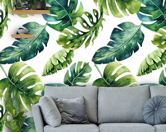 Removable Peel 'n Stick Wallpaper, Self-Adhesive Accent Wall Mural, Tropical Pattern, Nursery, Room Decor • Exotic Tropical Banana Leaves