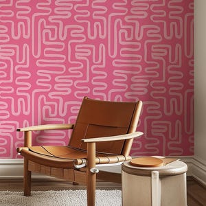 Pink Abstract Boho Wallpaper | Contemporary Removable Self Adhesive Funky Wallpaper | Geometrical Minimalist Wall Decor | Mid Century Style