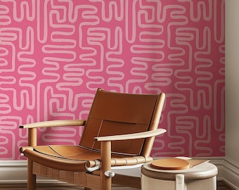 Różowa, abstrakcyjna tapeta w stylu boho | Nowoczesna, zdejmowana, samoprzylepna tapeta w stylu funky | Geometryczna, minimalistyczna dekoracja ścienna | Styl Mid Century