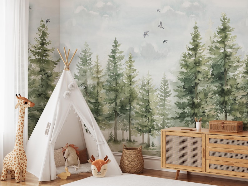 Pine Tree Forest Wallpaper Mural | Green Landscape With Birds and ...