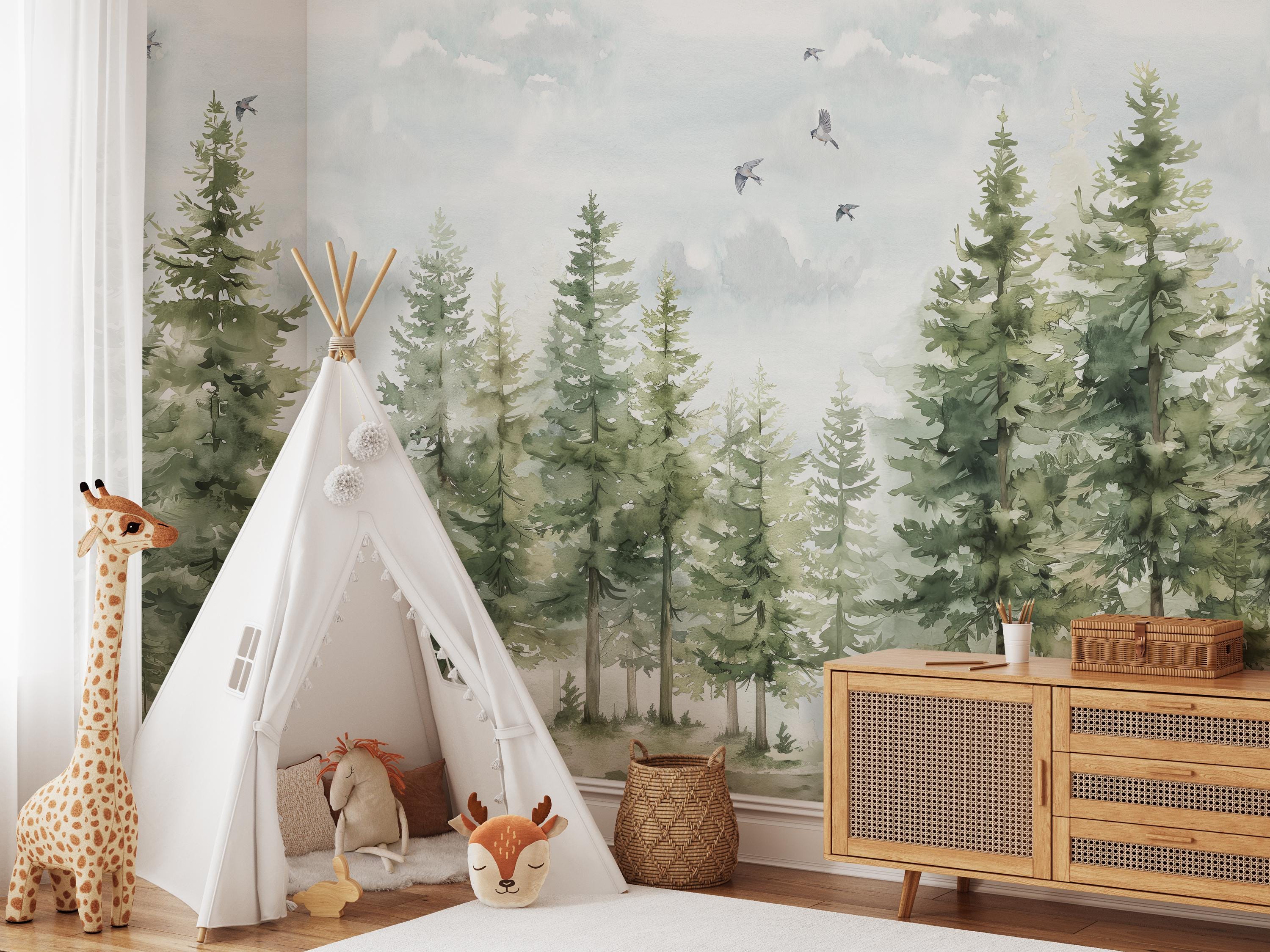 Pine Tree Forest Wallpaper Mural | Green Landscape With Birds and ...