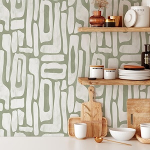 Pistachio Abstract Shapes Wallpaper | Contemporary Removable Self Adhesive Funky Wallpaper | Geometrical Minimalist Wall Decor | Mid Century image 2