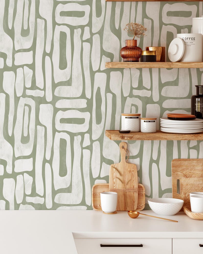 Pistachio Abstract Shapes Wallpaper | Contemporary Removable Self Adhesive Funky Wallpaper | Geometrical Minimalist Wall Decor | Mid Century image 2
