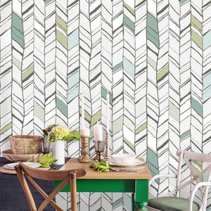Removable Wallpaper | Peel and Stick Geometric Mural | Self Adhesive Herringbone Mural | Vintage Wallpaper