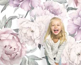 Peony Bouquet Peel and Stick Wallpaper | Removable Floral Wallpaper | Self Adhesive Watercolor Peonies Large Mural | Pink Nursery Wallpaper
