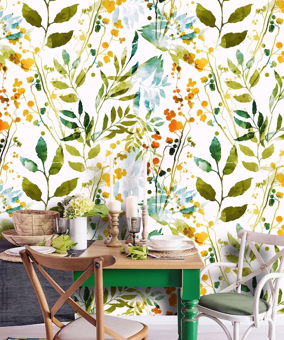 Removable Peel n Stick Wallpaper Self adhesive Wall Mural Watercolor Floral Pattern Nursery Room Decor Hand Drawn Boho Spring Herbs Etsy