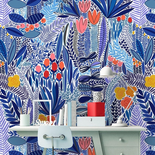 Abnehmbare Peel 'n Stick Tapete, Wandbild, Aquarell Rosa Blumenmuster, Kinderzimmer Dekor • Tropische Blaue Blumen