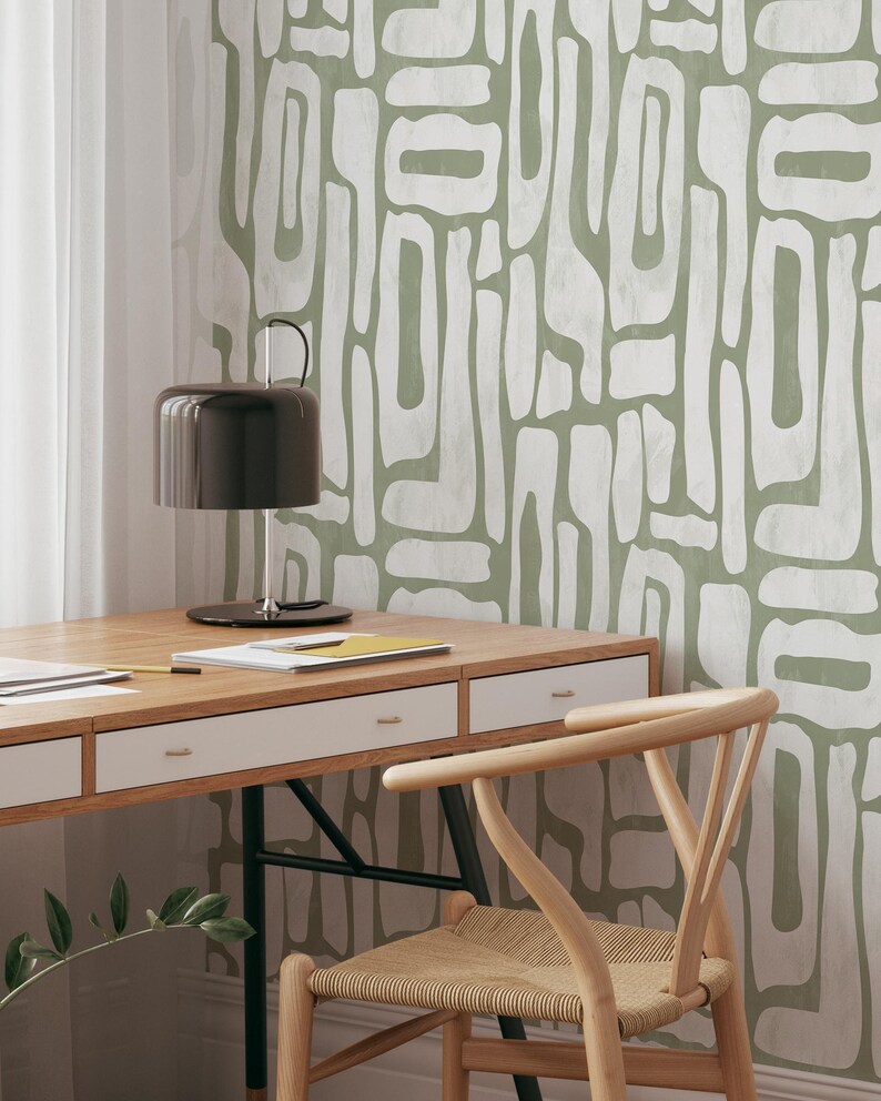 Pistachio Abstract Shapes Wallpaper | Contemporary Removable Self Adhesive Funky Wallpaper | Geometrical Minimalist Wall Decor | Mid Century image 9