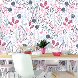 Removable Peel 'n Stick Wallpaper, Self-Adhesive Wall Mural, Watercolor Floral Pattern, Nursery Room Decor, Custom Colors Berries Leaves image 8