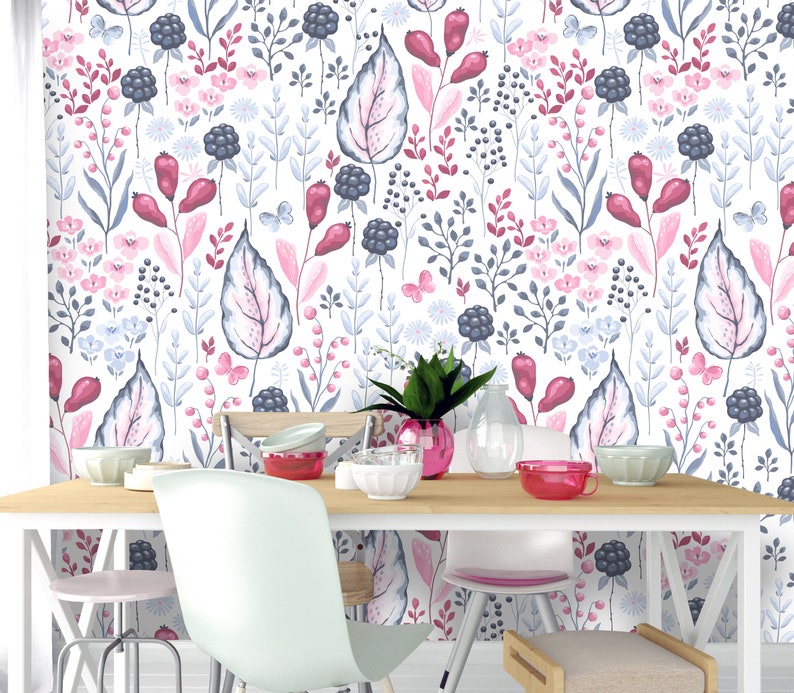 Removable Peel 'n Stick Wallpaper, Self-Adhesive Wall Mural, Watercolor Floral Pattern, Nursery Room Decor, Custom Colors Berries Leaves image 8