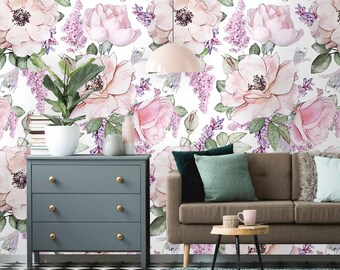 Papel pintado removible / Papel pintado floral autoadhesivo / Papel pintado autoadhesivo de flores de acuarela / Mural de peonías y rosas