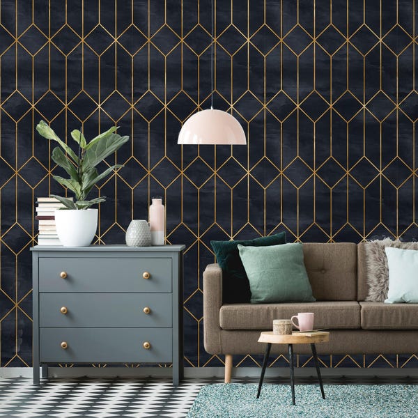 Art Deco-tapet med självhäftande egenskaper | Avtagbar vintagegeometrisk tapet | Självhäftande eller färdigklistrad tapet | Miljövänlig