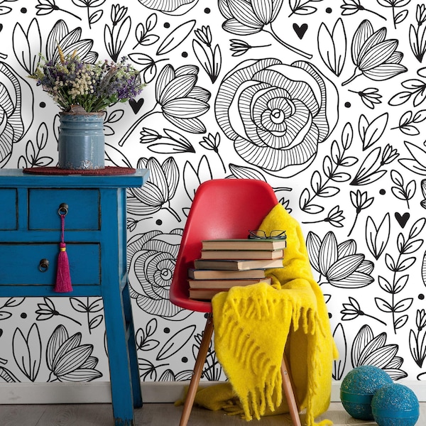 Removable Wallpaper Peony  | Peel and Stick Floral Pattern | Botanical Self Adhesive Wall Mural