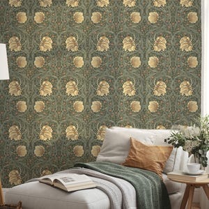 Papel tapiz vintage William Morris con follaje verde, autoadhesivo y extraíble, adorno mural floral, despegable y pegable o prepegado, decoración de pared ecológica.