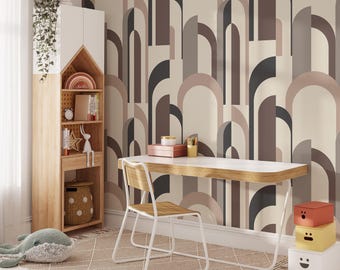 Modern Arch Shapes Wallpaper | Removable Self Adhesive Geometrical Pattern | Beige Arches Peel and Stick Wallpaper | Eco Friendly